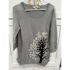 Anthropologie Embellished Tree Sweater Knit Pullover‎ Casual Gray Top Size Small